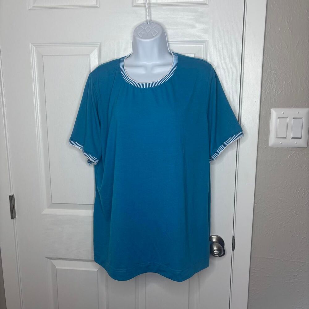2XL Moshu Teal Blue Striped Trim Crewneck Tee